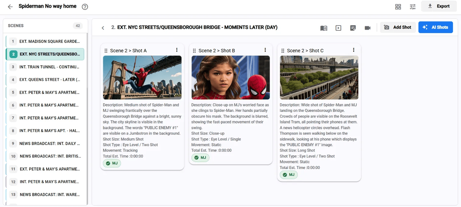 Studiovity AI storyboard interface showing shot lists and visual scripting for film production students.