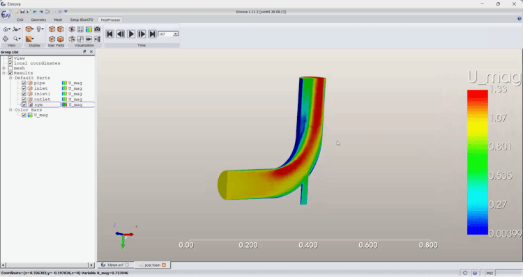 Ennova graphical interface showing an OpenFOAM pipe flow result