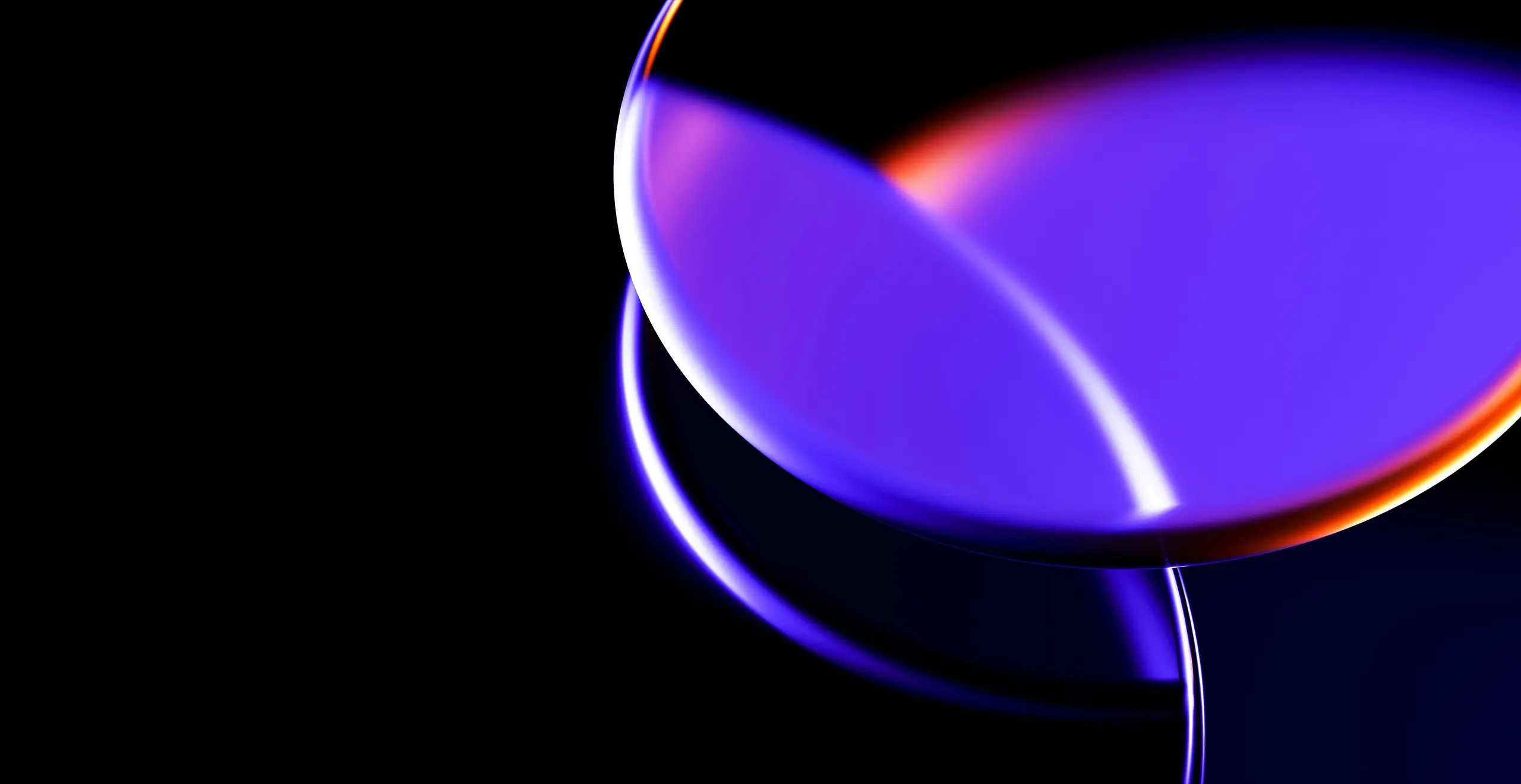 Abstract dark blue and purple glass circle representing cloud innovation and financial strategy.