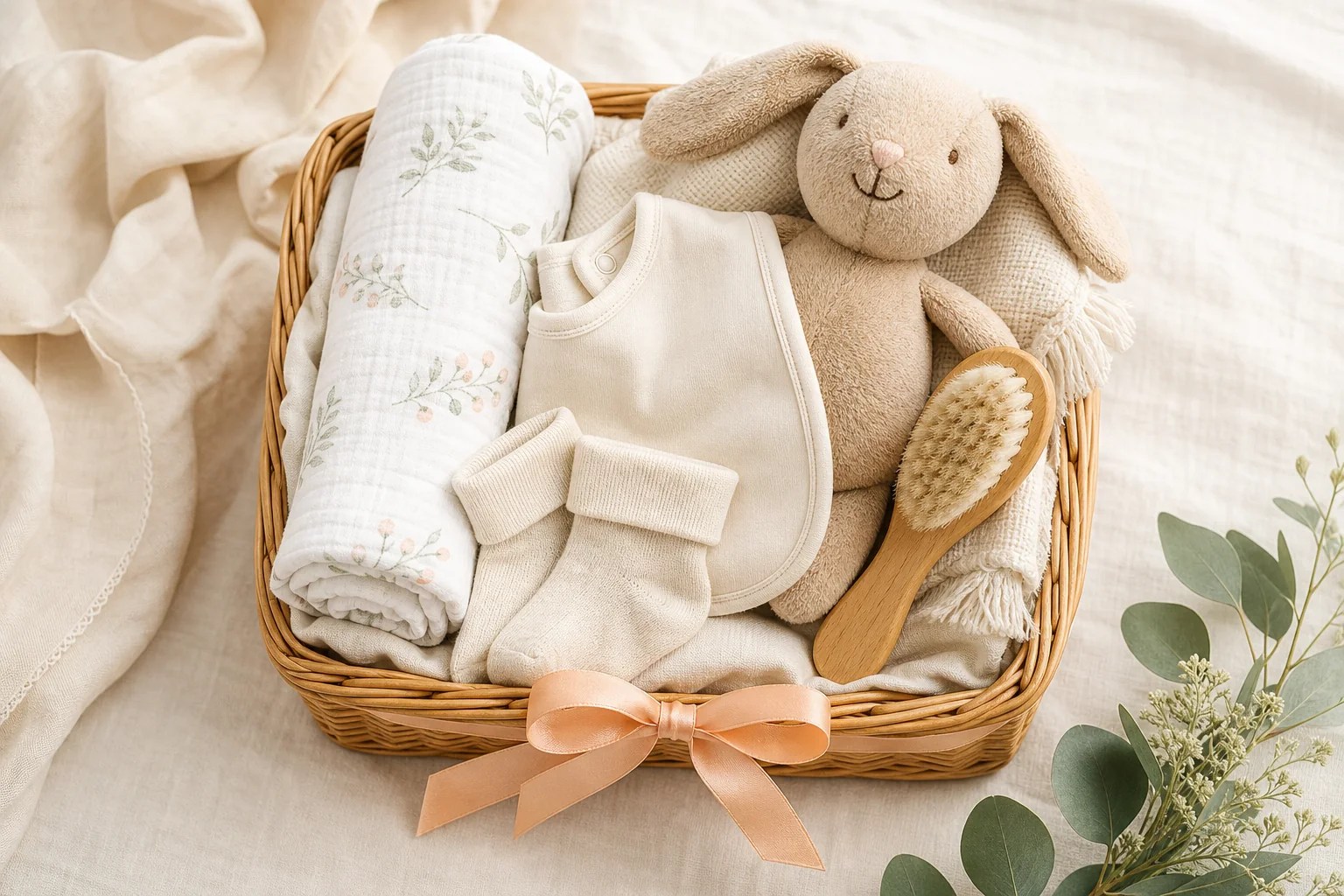 Newborn gift basket with muslin swaddle, plush bunny, bib, socks and baby brush