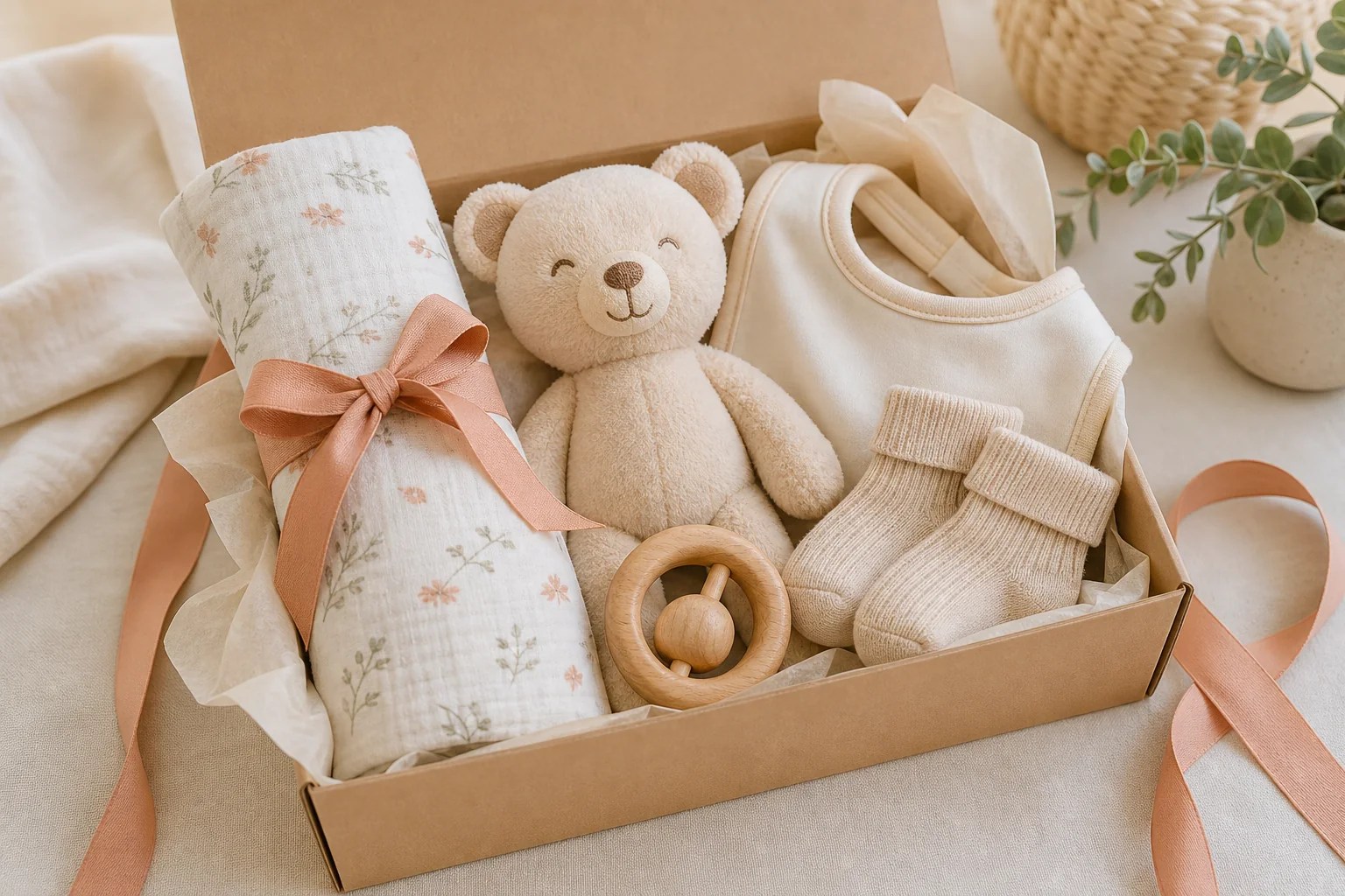 Newborn gift set with muslin swaddle, plush bear, bib, socks and wooden rattle