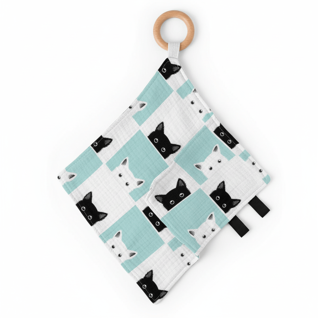 Peek-A-Boo Cats Bamboo Blankie Teether front view