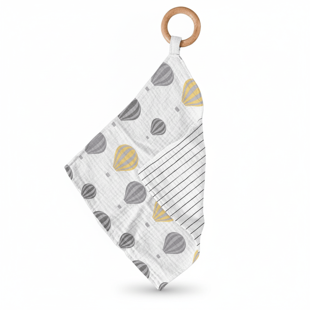 Hot Air Balloon & Pencil Stripe Bamboo Blankie Teether front view