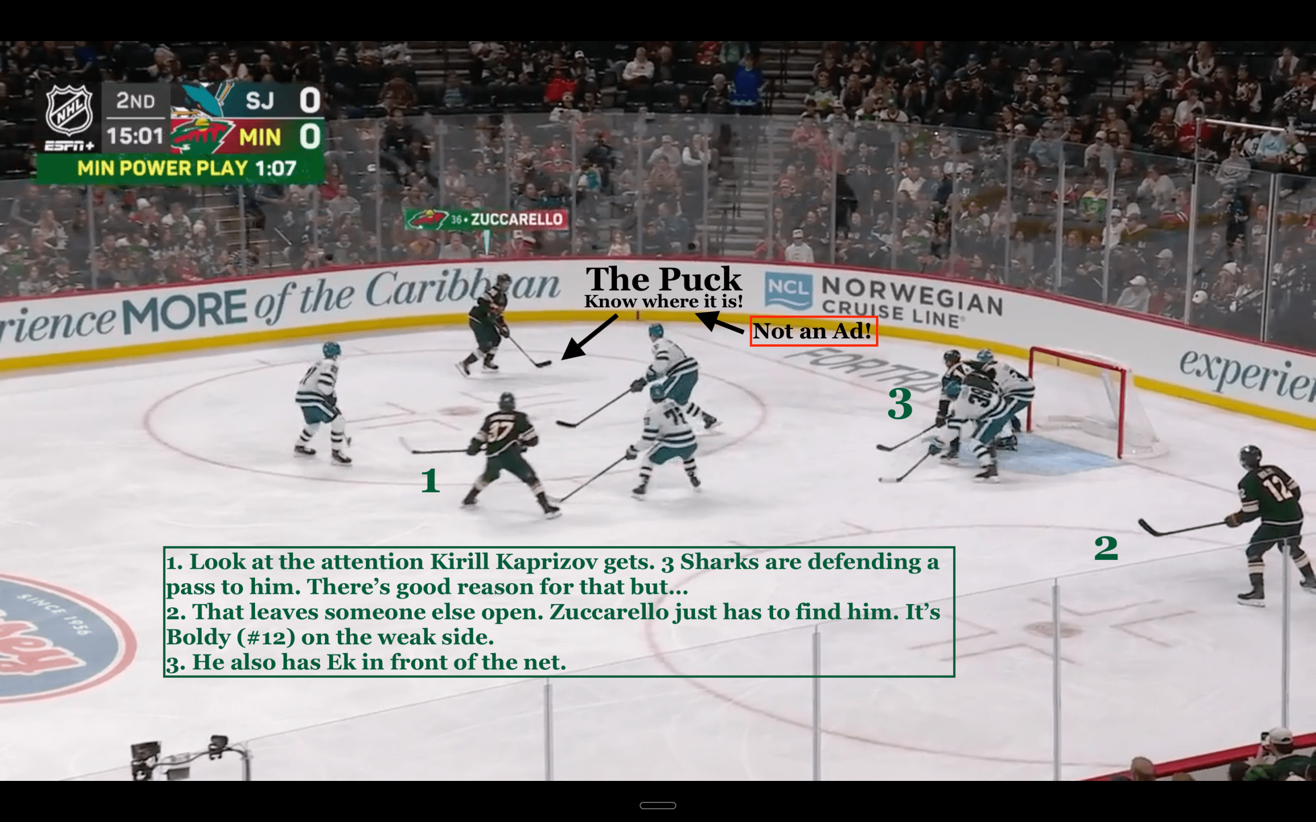 Minnesota Wild F Kirill Kaprizov gets 60 percent of the attention from the San Jose Sharks defense which allows teammate Mats Zuccarello the time & space to find Matt Boldy on the weakside for a one-timer goal.
