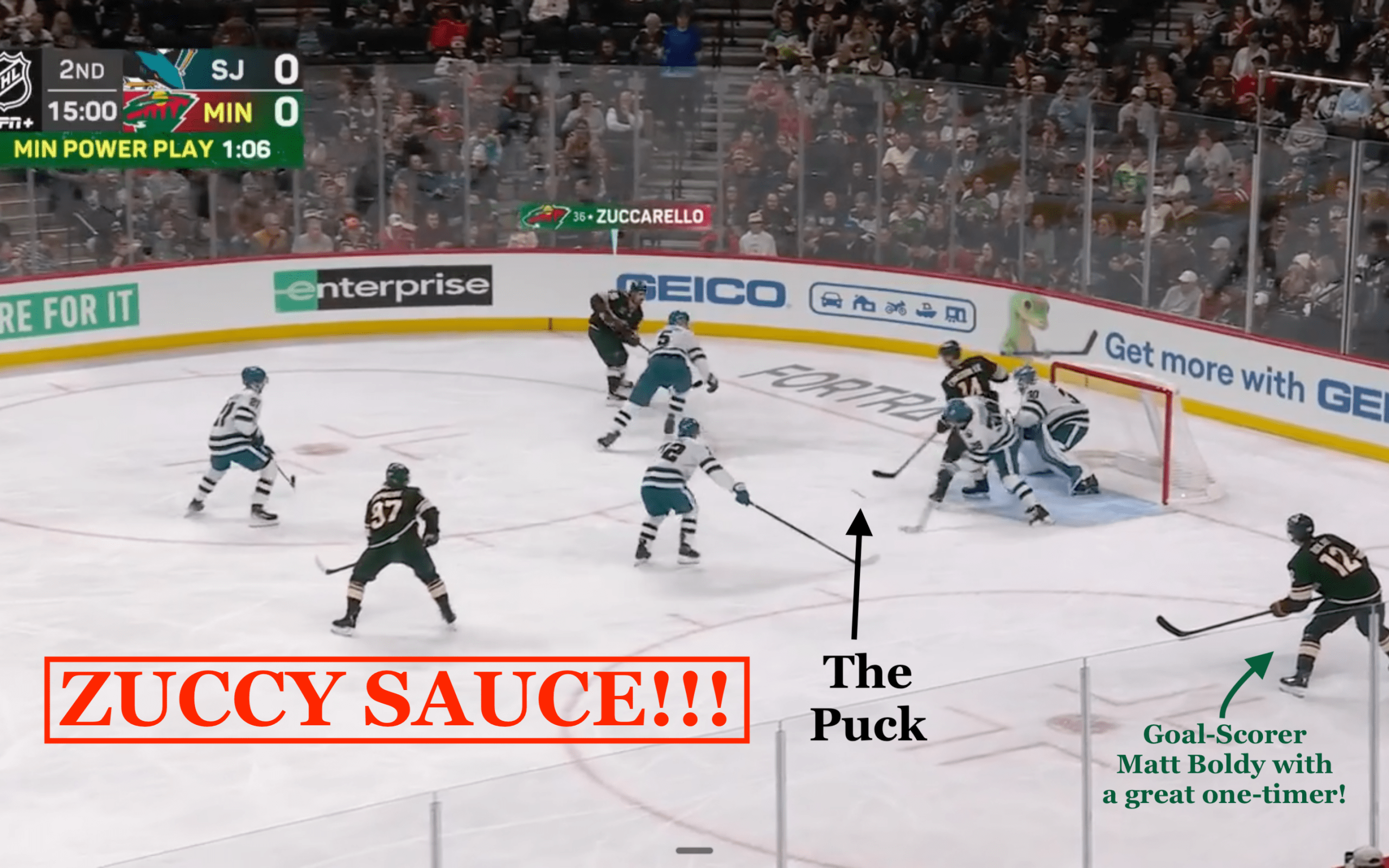 ZUCCY SAUCE is SWEET! Minnesota Wild F Mats Zuccarello floats a sauce pass through the seam of the defense right on Matt Boldy's tape for a great scoring chance and GOAL!