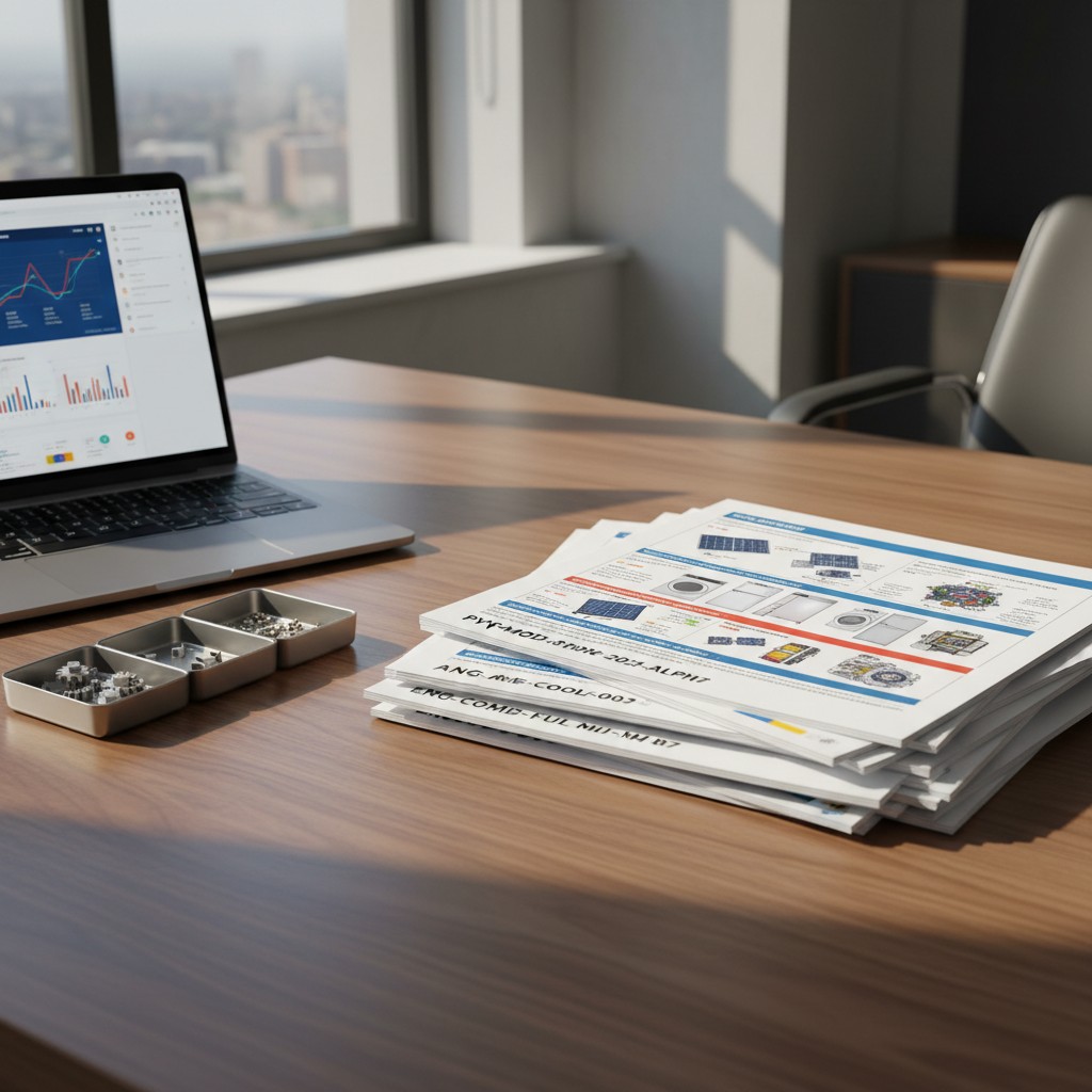 A modern office workspace with a wooden desk, featuring a laptop, a pile of papers, and small silver tools in a metal cont...