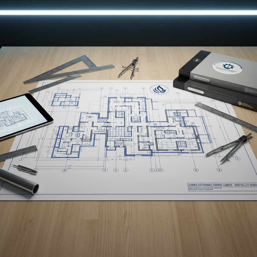 A blue-print of a floor on a desk with rulers and drafting tools scattered around.