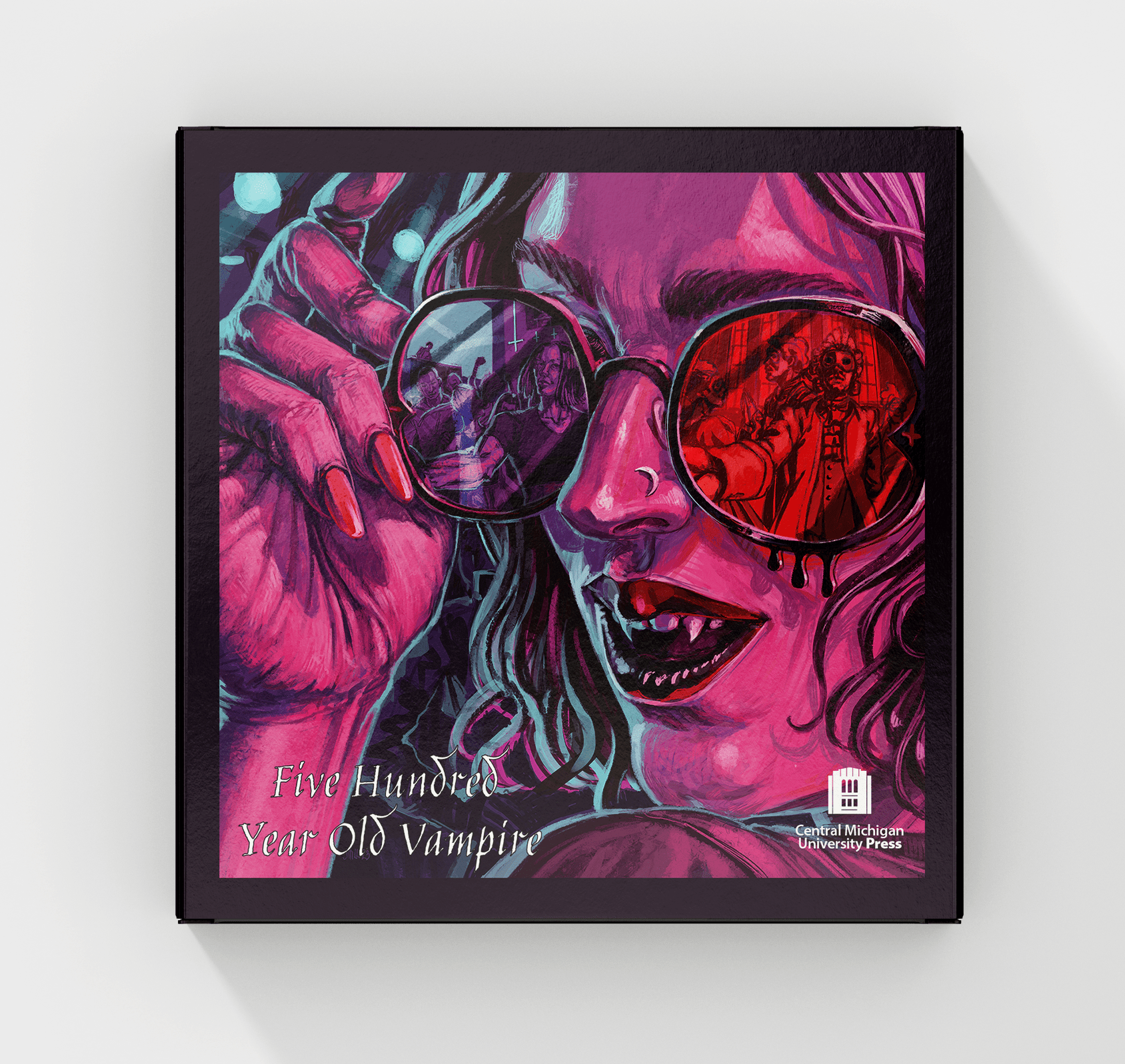 Cover to game box for Five Hundred Year Old Vampire, showing a female vampire reflecting a past and present party in her glasses.