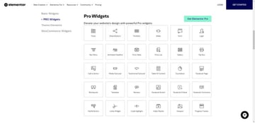Uma captura de tela da página Elementor Widgets mostra uma lista dos widgets Pro disponíveis apenas com uma atualização.
