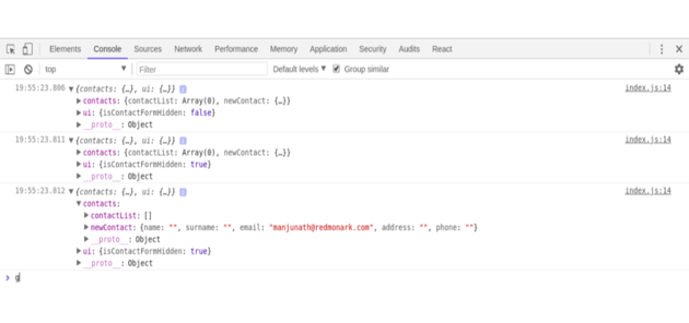 Loja Redux sendo logada no console do desenvolvedor