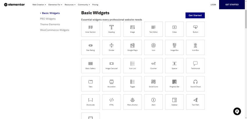 Uma captura de tela da página Elementor Widgets mostra uma lista dos mais de 30 widgets básicos gratuitos.