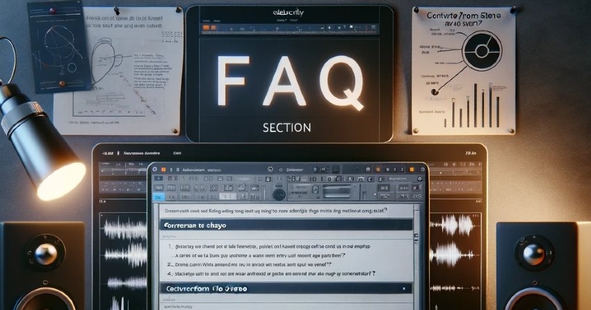 Imagem gerada por Ai mostrando um laptop com Audacity, fones de ouvido, microfone e notas de som estéreo.