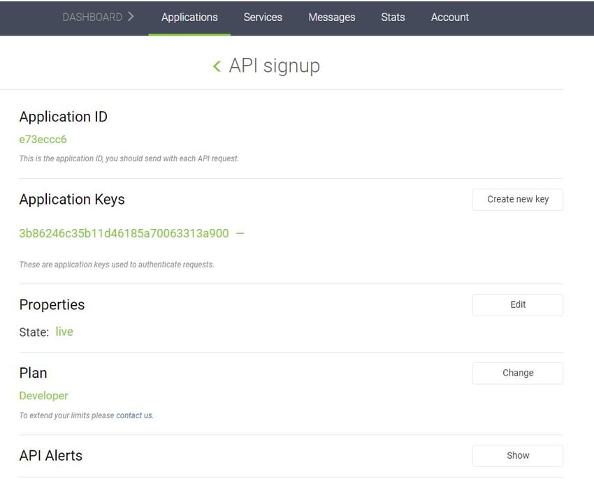 recuperar o ID do aplicativo e as chaves de autenticação.