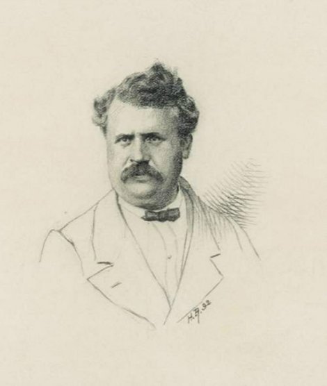 Retrato ilustrado a lápiz de un hombre con bigote y pajarita, estilo de finales del siglo XIX