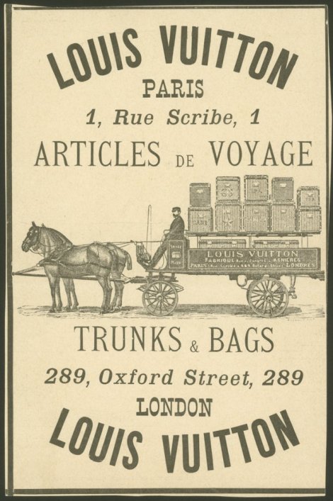 Cartel publicitario antiguo de Louis Vuitton, Articles de Voyage, con carro de caballos