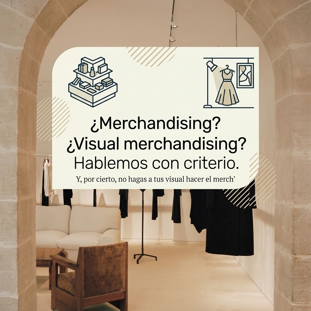 Tarjeta con el titular '¿Merchandising? ¿Visual merchandising? Hablemos con criterio' sobre un arco de piedra en una tienda