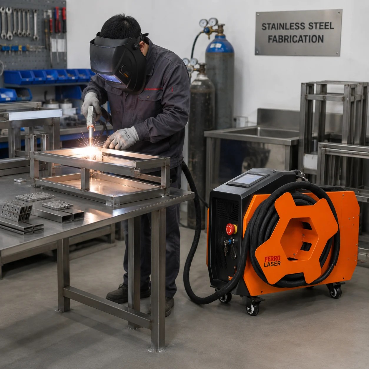 FL-WA air-cooled laser welder operating in an Australian stainless steel fabrication workshop