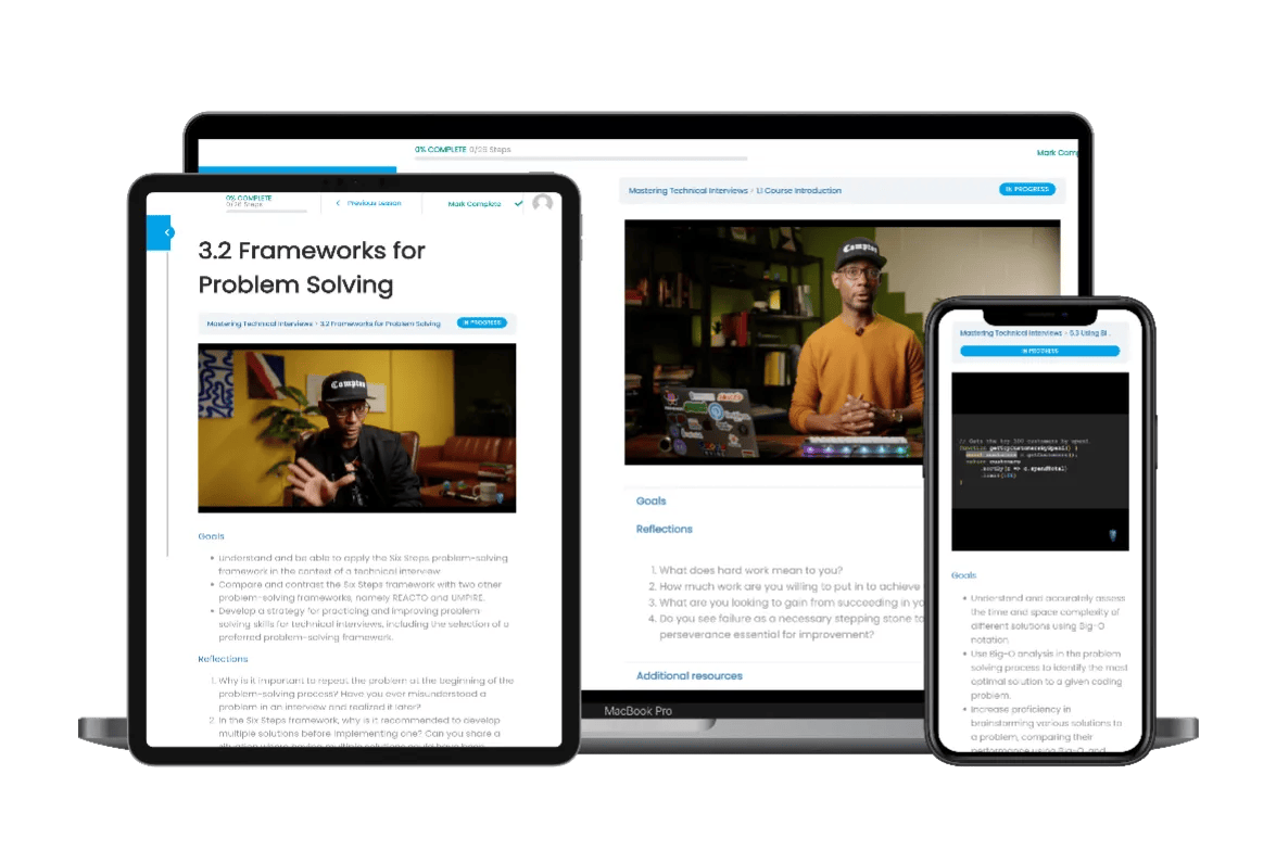 Screenshots of Mastering Technical Interviews course.
