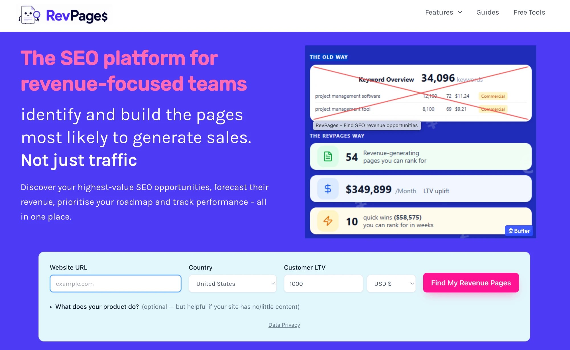RevPages homepage showing the SEO revenue opportunity finder