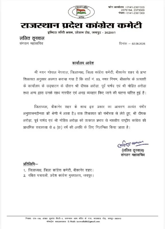 Bikaner Congress Assault: पिता-पुत्र 6 साल के लिए सस्पेंड 1 Bikaner Congress Assault