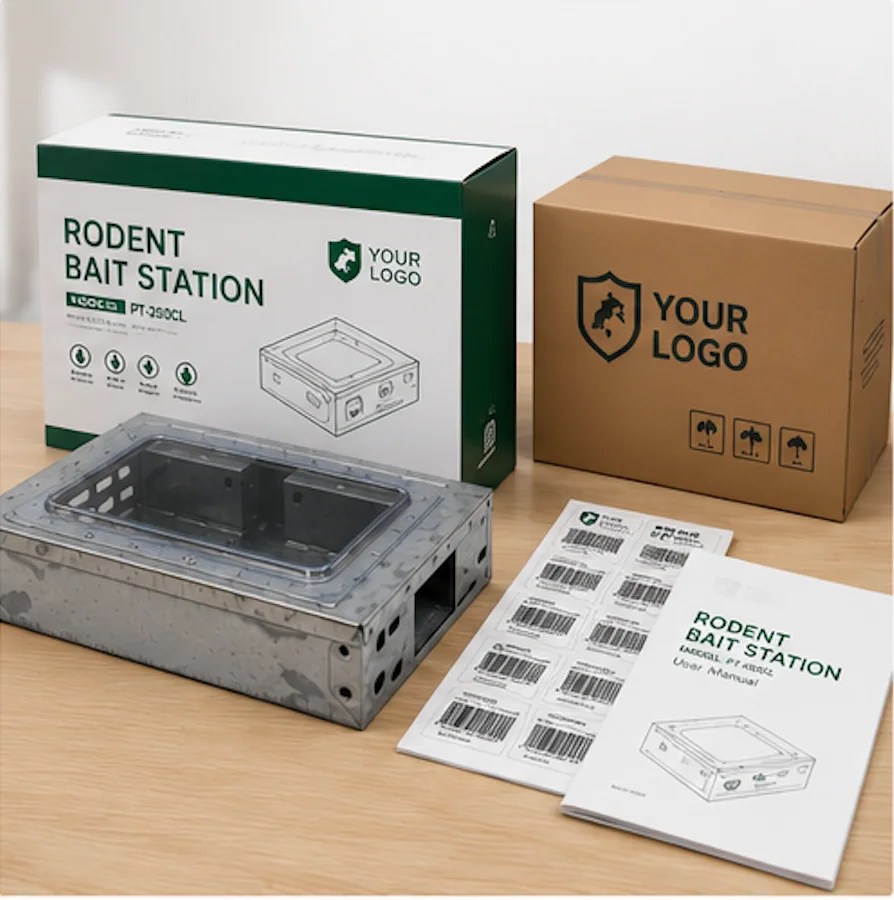 Illustrative private-label packaging elements for an OEM pest control programme
