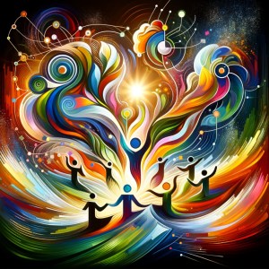 Abstract art symbolizing thriving with vibrant colors and dynamic shapes, representing growth and community vitality.