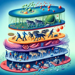 Illustration of Energy Share in TPOCo, showing cellular, animal, and human societal cooperation levels.