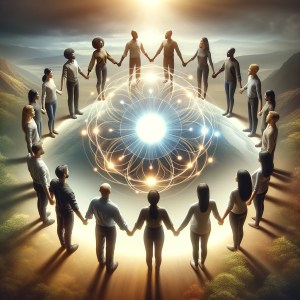 Diverse group of people holding hands in unity around a glowing orb, symbolizing trust and cooperation.