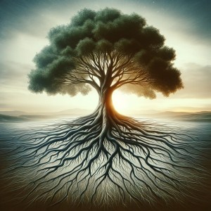 Sturdy oak tree symbolizing purpose, with deep roots and expansive branches against a serene landscape.