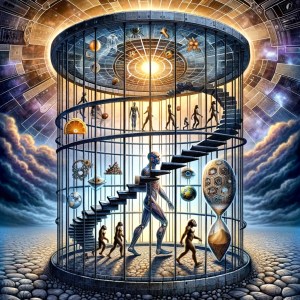 Metaphorical depiction of human evolution within Dollo's Law constraints and population dynamics, illustrating the 'evolutionary cage' concept.