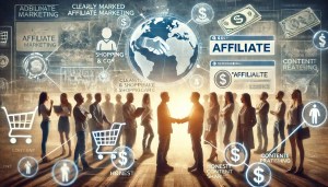 Symbolic image of transparency and trust in affiliate marketing, showing diverse individuals engaging with clearly marked affiliate links and shopping carts.