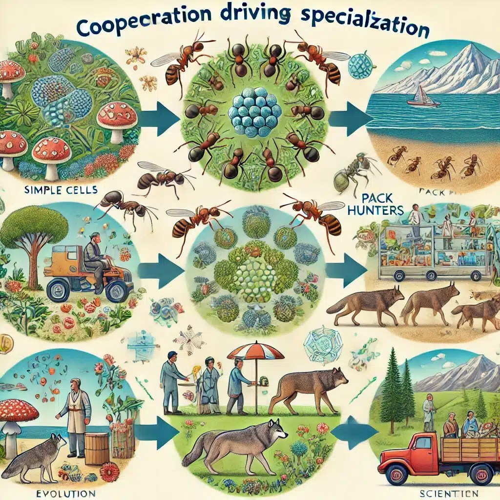 An illustration showing the progression of cooperation driving specialization in evolution, from simple cells, ants, and pack hunters to human activities in diverse environments.