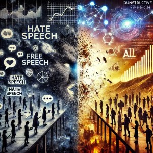 Illustration showing the contrast between hate speech and free speech. On the left, an online environment filled with hate comments, misinformation, and algorithm-driven division. On the right, a space of constructive dialogue, cooperation, and respect for human dignity. The image highlights how social media platforms influence the spread of divisive speech.