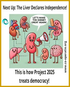 Cartoon of smiling human organs, where one kidney with a megaphone shouts “Let’s Make the Kidney Great Again!” while the other organs look confused. The caption reads: “This is how Project 2025 treats democracy!”