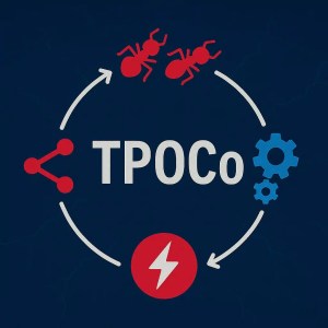 TPOCo cooperation cycle icon featuring two ants, interlocking gears, a red lightning bolt for energy, and a share icon—arranged on a circular flow with arrows.