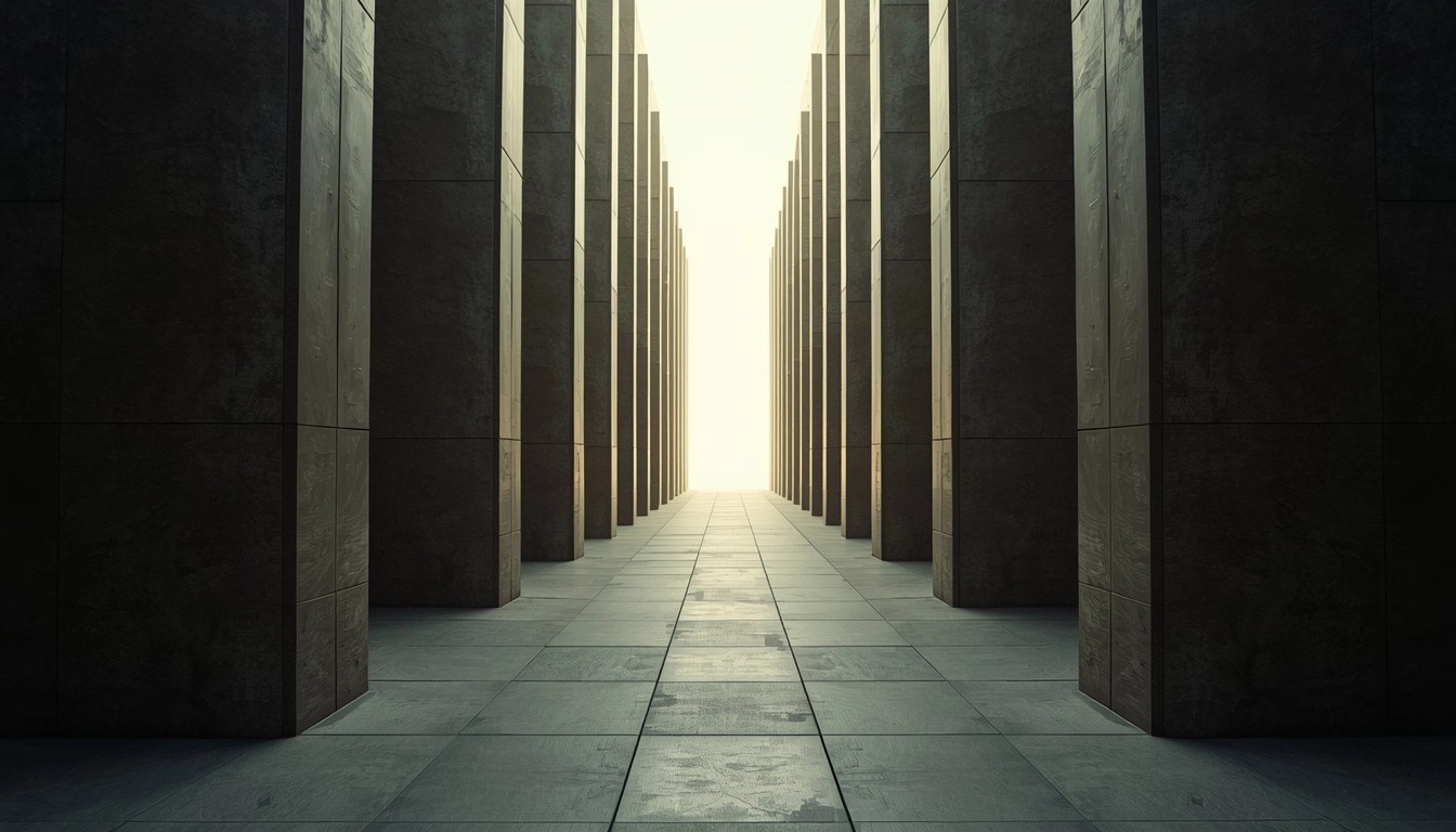 Symmetrical architectural corridor symbolizing strategic communications architecture and narrative alignment in leadership strategy.