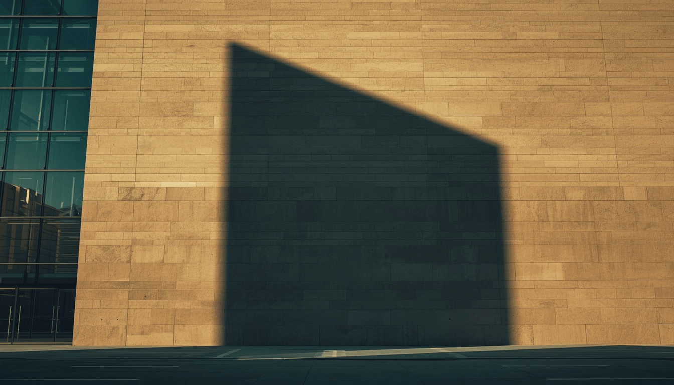 Modern glass structure casting the shadow of an outdated building, symbolizing market perception lagging behind organizational transformation.