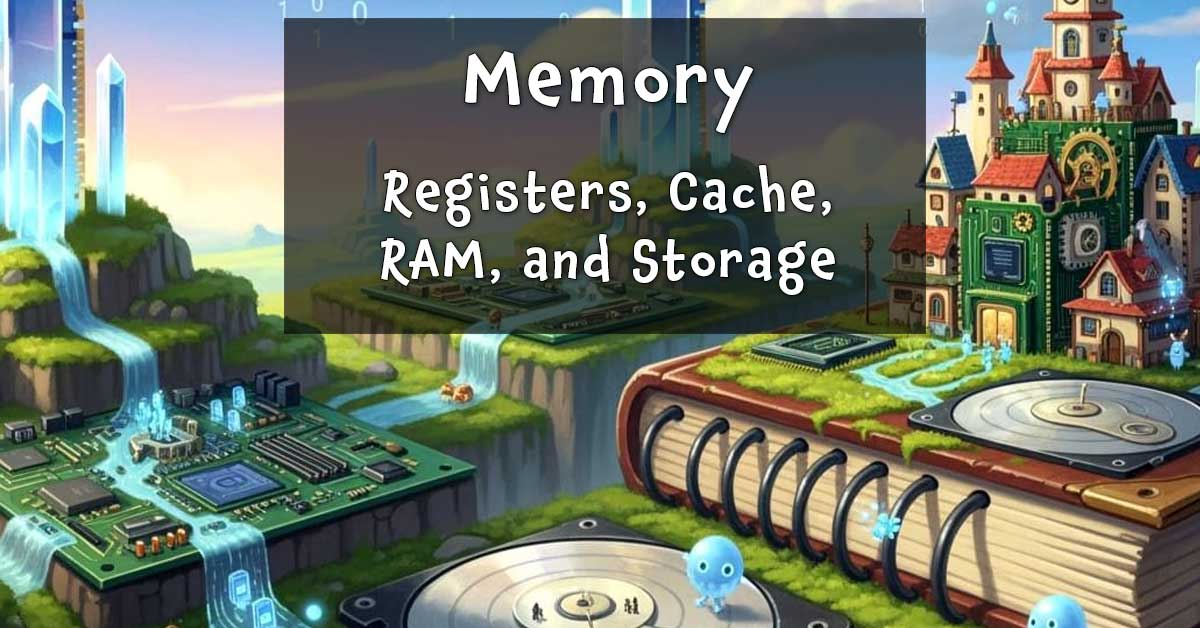 Memory: Registers, cache, RAM, and storage.