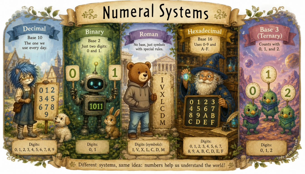 numeral-systems Numeral systems (number systems) represent values and quantities using a specific set of symbols, and their own framework for how numbers are counted, combined, and calculated.