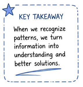 Key takeaway: When we recognize patterns, we turn information into understanding and better solutions.