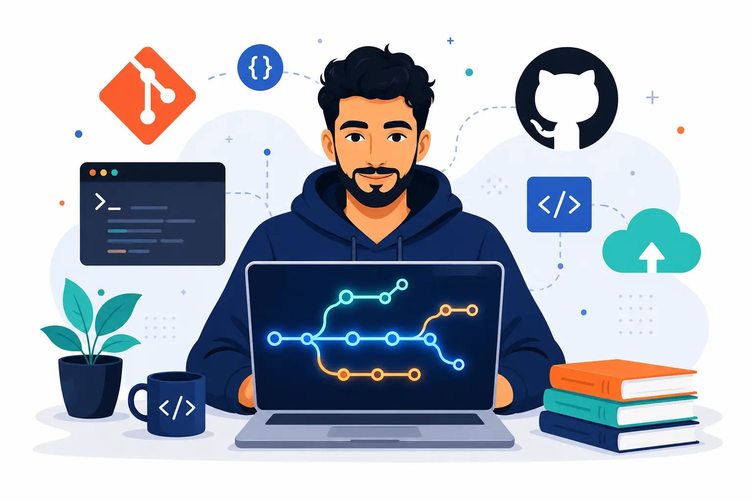 Git and GitHub illustration for beginners showing an Arab programmer using Git branches on a laptop