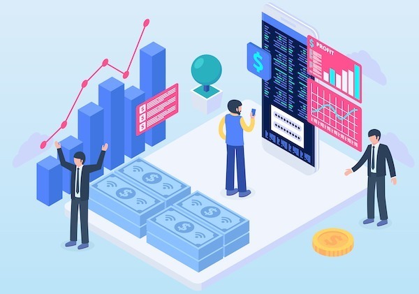 business people with graphics around them of growth, money, and profit.