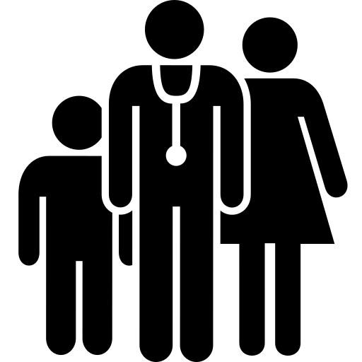 Icon with three people. A child on the left, a woman on the right, and a medical provider in the center with a stethoscope.