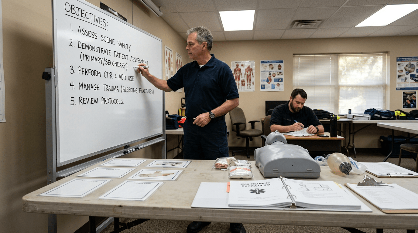 EMS instructor designing a course on whiteboard in a trianing room.