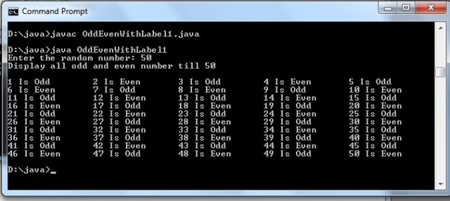 Java program to find the number is odd or even with label using loops