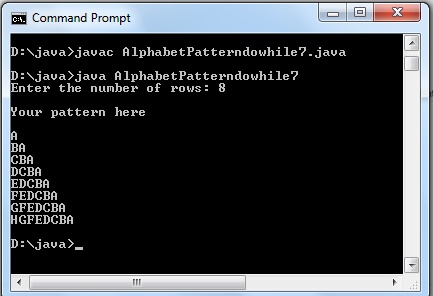 Alphabet triangle pattern using do-while loop in Java - Codeforcoding