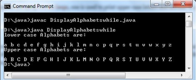 Program for Display Alphabets in Java using ASCII value