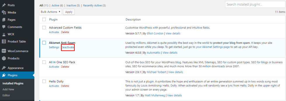 deactive plugin