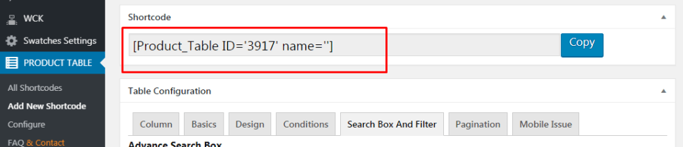 shortcode of woocommerce product table