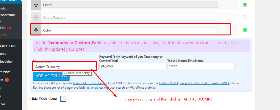 Taxonomy adding as column in basic tab